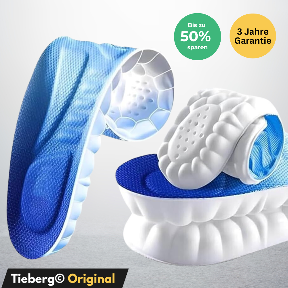 Abgebildet ist ein Paar Tieberg™️ | CloudStep Einlegesohlen mit blauer und weißer Wabenpolsterung, die mit "bis zu 50 % Ersparnis" und "3 Jahre Garantie" in deutscher Sprache beworben werden. Das Tieberg™️ Logo erscheint unten links.
