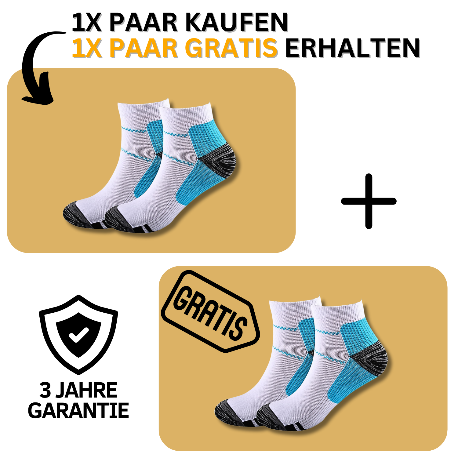 Eine Werbegrafik zeigt zwei Paar Tieberg™️ Energiesocken - Kompressionssocken in Weiß, Blau und Schwarz. Text: 1x Paar kaufen, 1x Paar gratis, 3 Jahre Garantie & GRATIS. Außerdem erscheinen ein Pluszeichen und ein Schildsymbol.