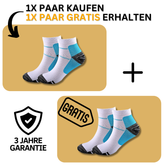 Eine Werbegrafik zeigt zwei Paar Tieberg™️ Energiesocken - Kompressionssocken in Weiß, Blau und Schwarz. Text: 1x Paar kaufen, 1x Paar gratis, 3 Jahre Garantie & GRATIS. Außerdem erscheinen ein Pluszeichen und ein Schildsymbol.