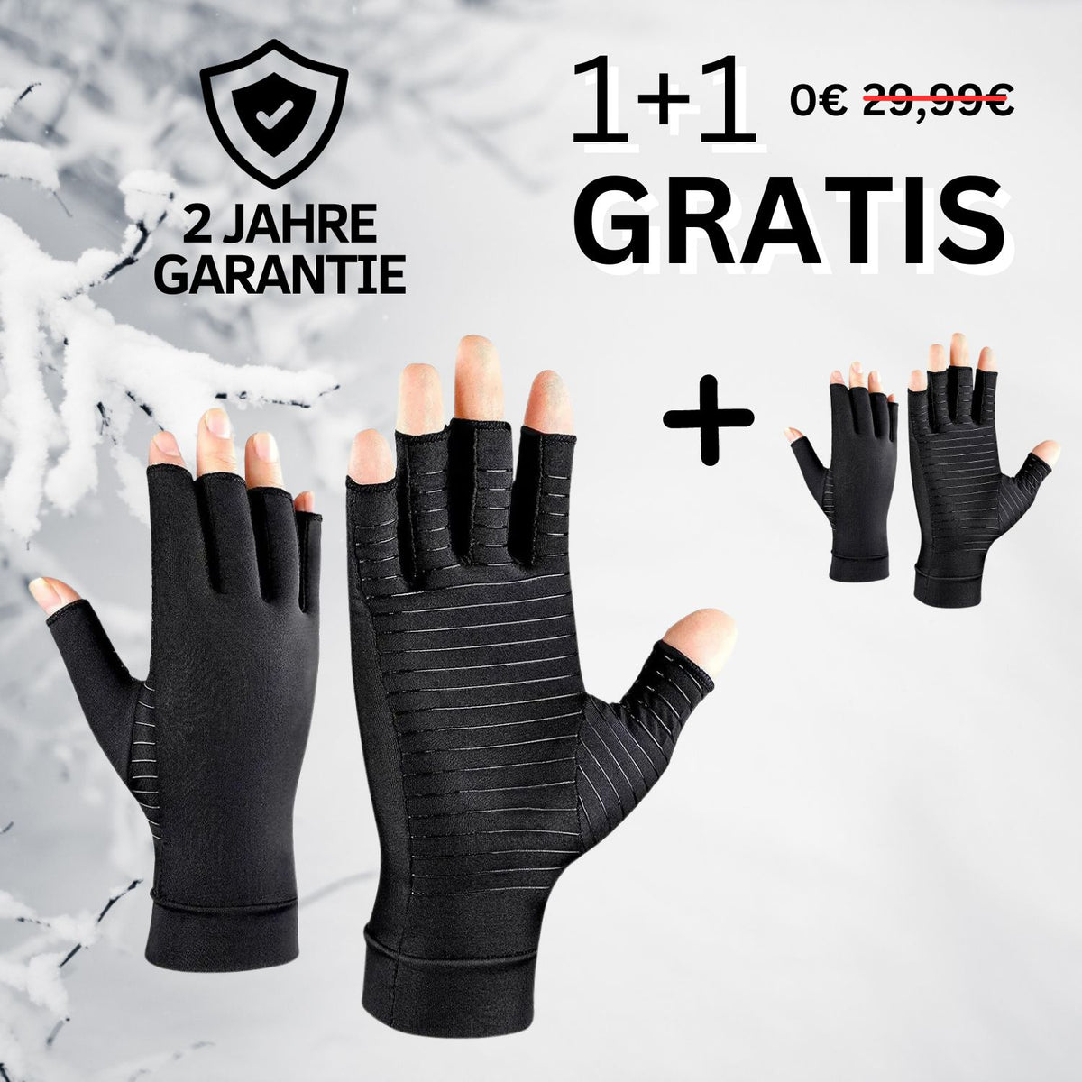 Tieberg™ - Kompressionshandschuhe in schwarz mit offenem Fingerkuppendesign an den Händen, bieten Kälteschutz im Schnee. Text: 2 Jahre Garantie, 1+1 Gratis, jetzt kostenlos statt 29,99€ - nur für kurze Zeit!.