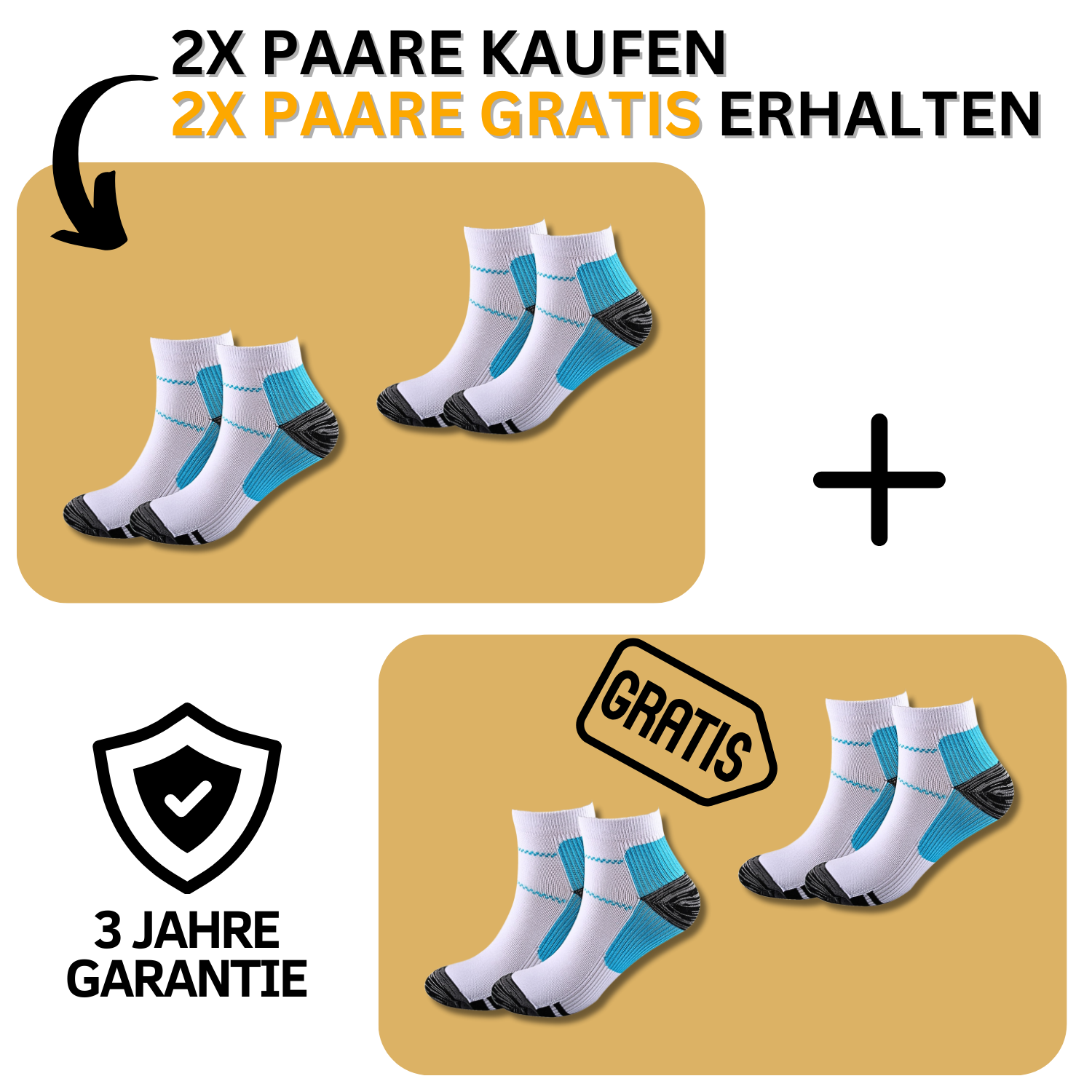 Aktionsbild: Kaufen Sie 2 Paar, erhalten Sie 2 gratis auf Tieberg™️ Energiesocken - Kompressionssocken in Weiß und Türkis. Das Bild zeigt zwei Paar Socken, das PLUS-Zeichen, das GRATIS-Etikett, das Non-Slip Technologie-Symbol und den 3-Jahres-Garantieaufkleber.