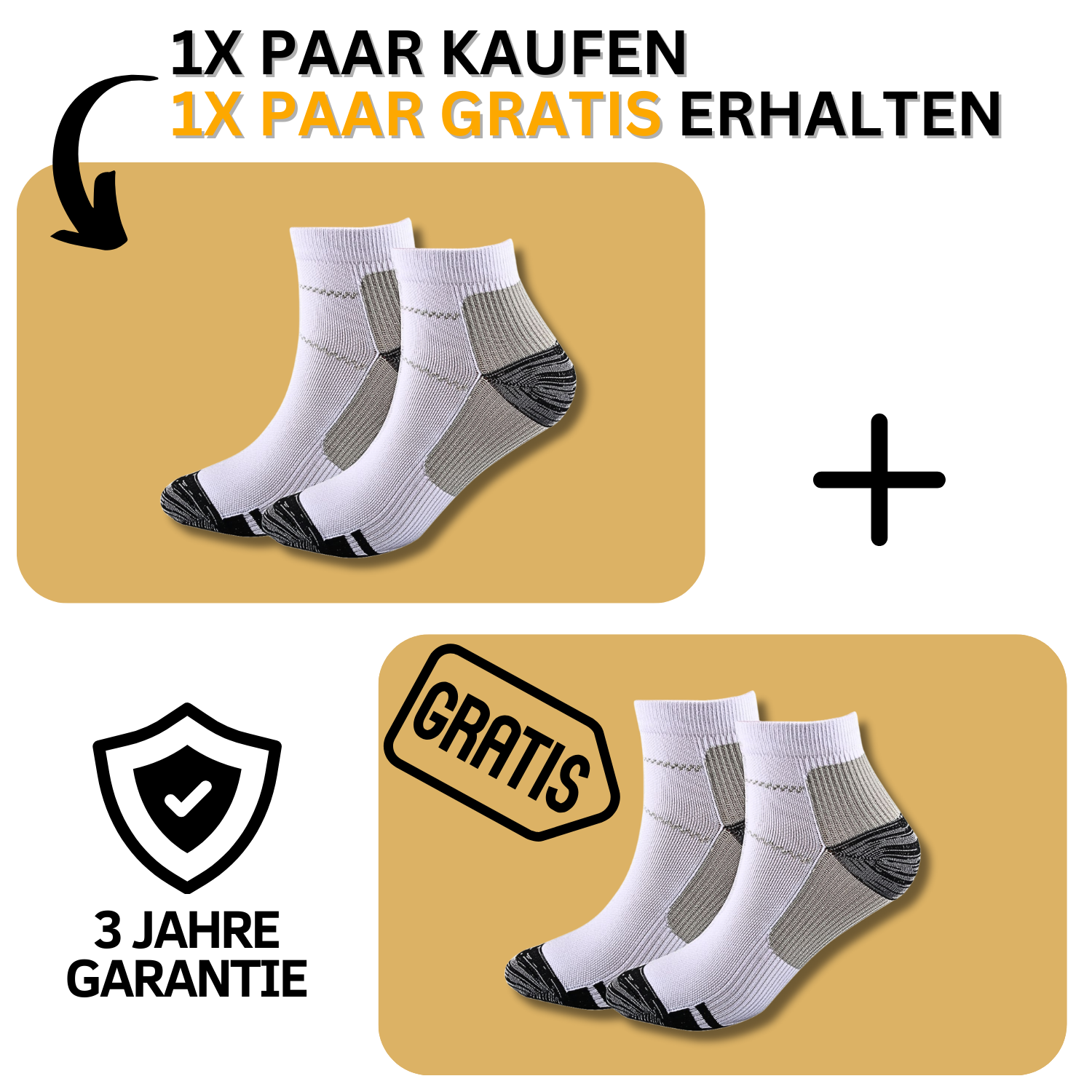 Werbegrafik: Kaufe 1 Paar Tieberg™️ Energiesocken - Kompressionssocken (weiß & grau), erhalte 1 Paar GRATIS dazu. Mit 3 Jahre Garantie-Badge und dem Schriftzug "GRATIS" auf dem zweiten Paar. Text auf Deutsch.