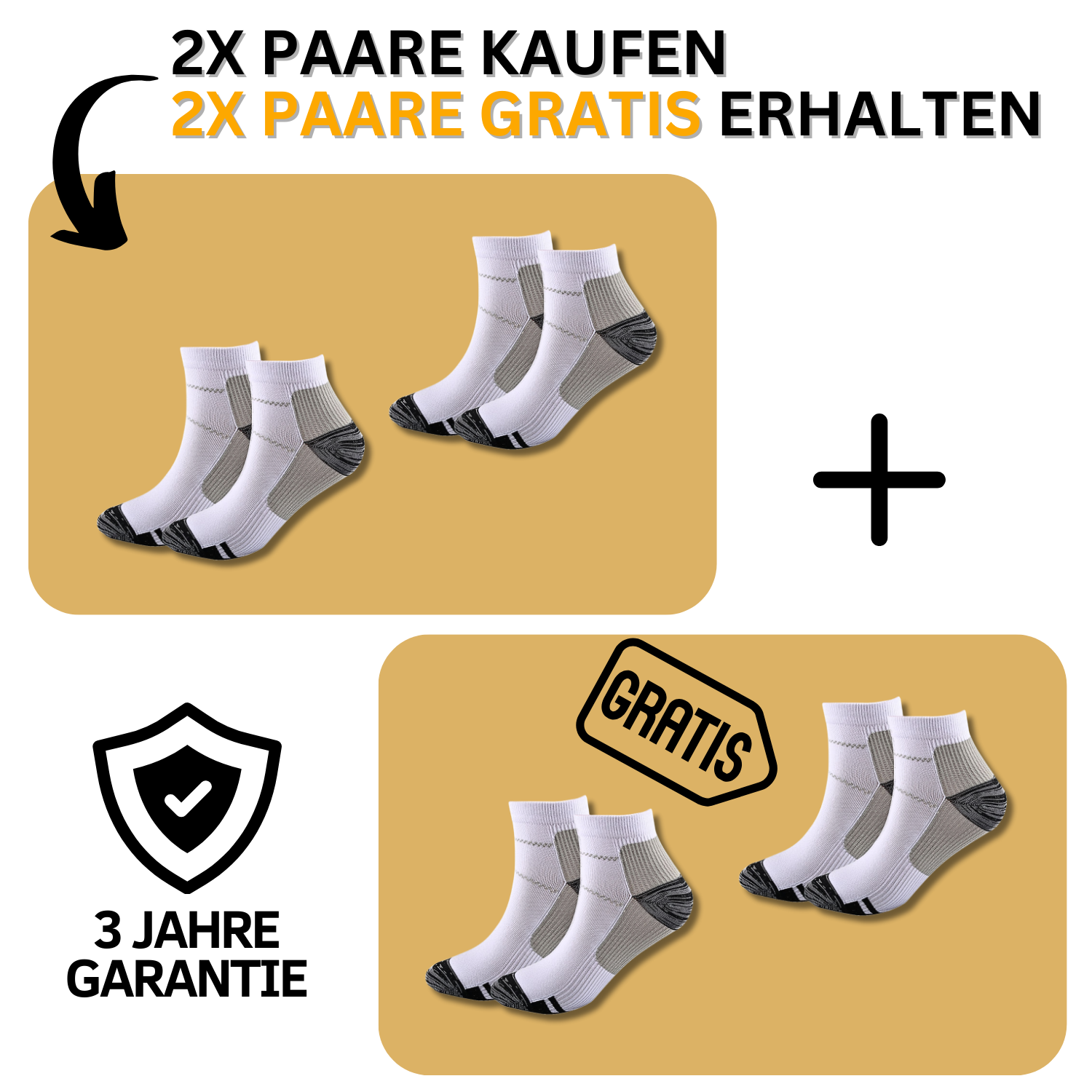 Werbegraphik: Kaufen Sie 2 Paar weiß-graue Tieberg™️ Energiesocken - Kompressionssocken und erhalten Sie 2 Paar GRATIS. Enthält ein Schildsymbol für 3 Jahre Tieberg™️ Garantie. "GRATIS" wird auf den kostenlosen Paaren angezeigt.