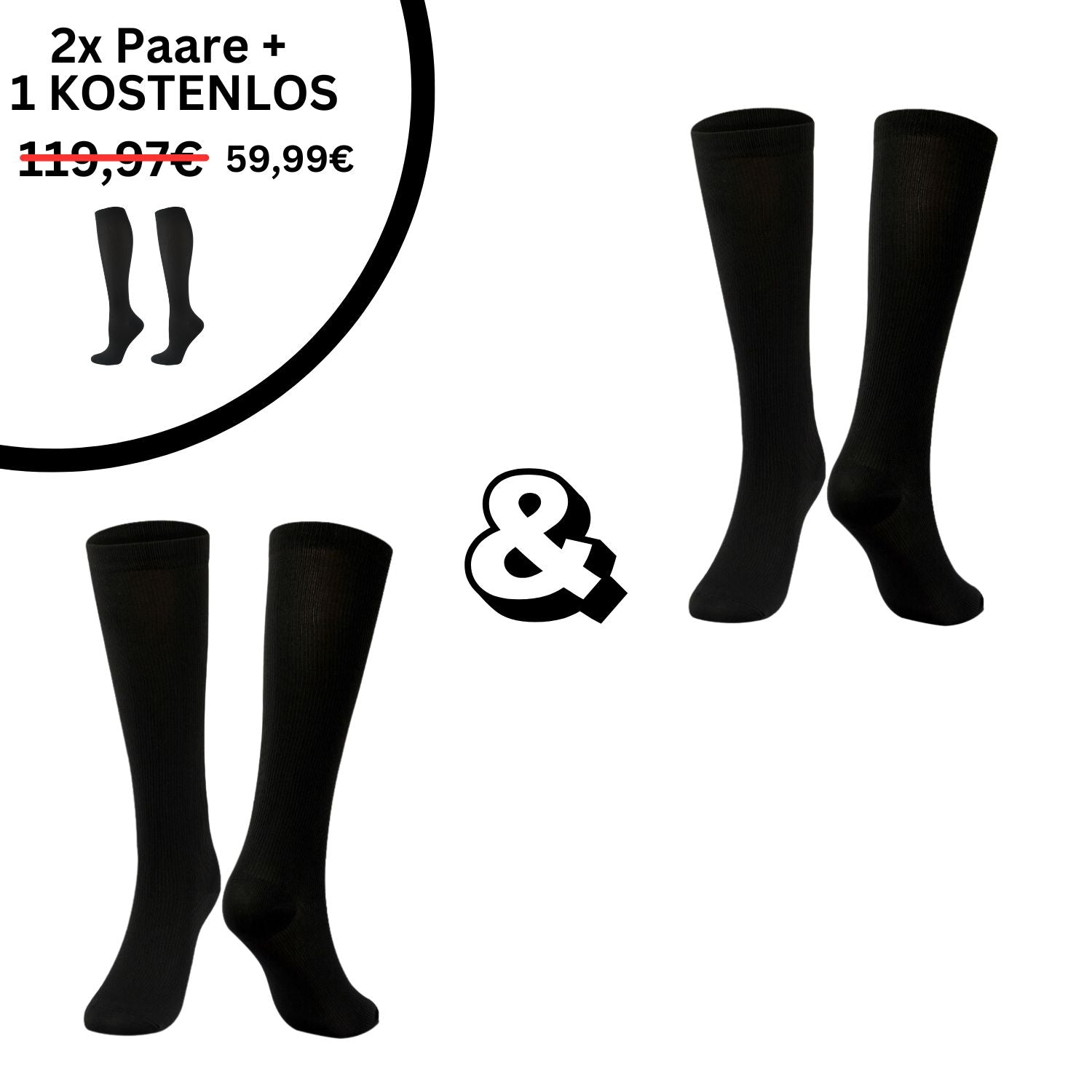 Abgebildet sind drei Paar schwarze Tieberg™️ OrthoSocks: 2 kaufen, 1 gratis! Statt 119,97€ nur 59,99€. Diese Kompressionssocken lindern Schmerzen & fördern die Durchblutung. Ein Ampersand verbindet zwei Socken-Sets.
