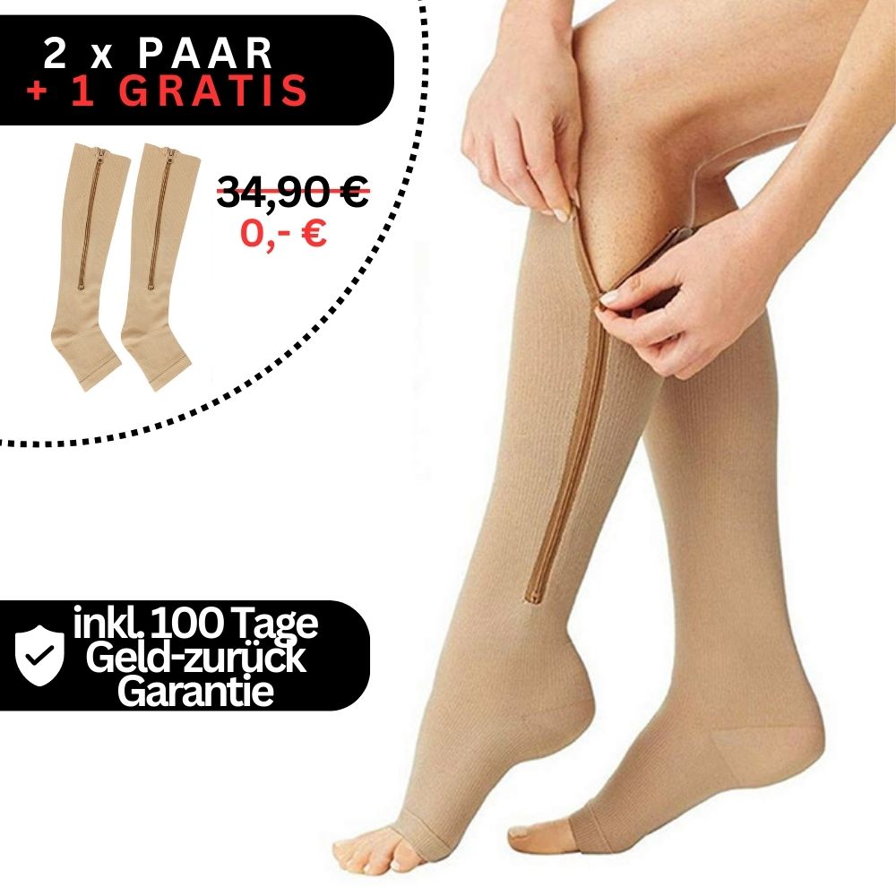 Eine Person trägt beige Tieberg™️ Orthozip orthopädische Kompressionsstrümpfe mit Reißverschluss (20-30 mmHg). Das Bild wirbt: 2 Paar + 1 gratis, jetzt kostenlos, mit 100-Tage Geld-zurück-Garantie.