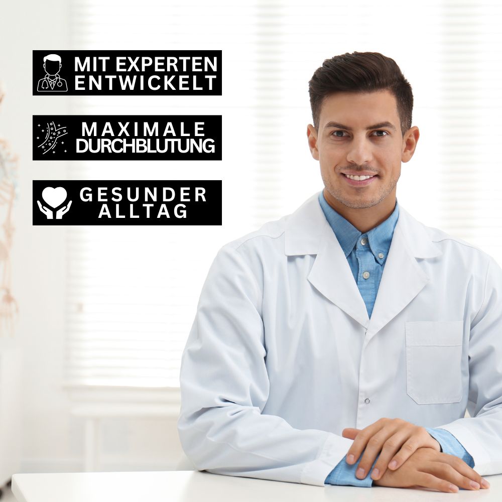 Ein lächelnder Mann in einem weißen Laborkittel sitzt an einem Schreibtisch. Neben ihm heben Icons und deutsche Sätze die Vorteile von Tieberg™️ Orthozip - Orthopädische Kompressionsstrümpfe mit Reißverschluss von Tieberg™️ hervor.