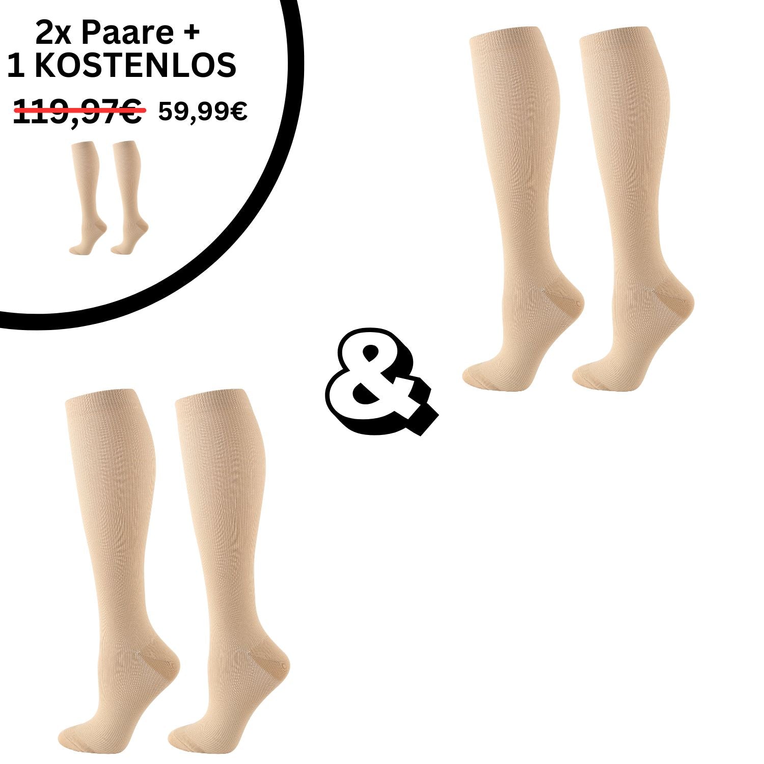 Tieberg™️ OrthoSocks in Beige paarweise abgebildet. Oben: 2x Paare + 1 gratis, 119,97 € 59,99 €. Verbessere die Durchblutung & lindere Schmerzen. Schwarzes "&"-Symbol zentral.