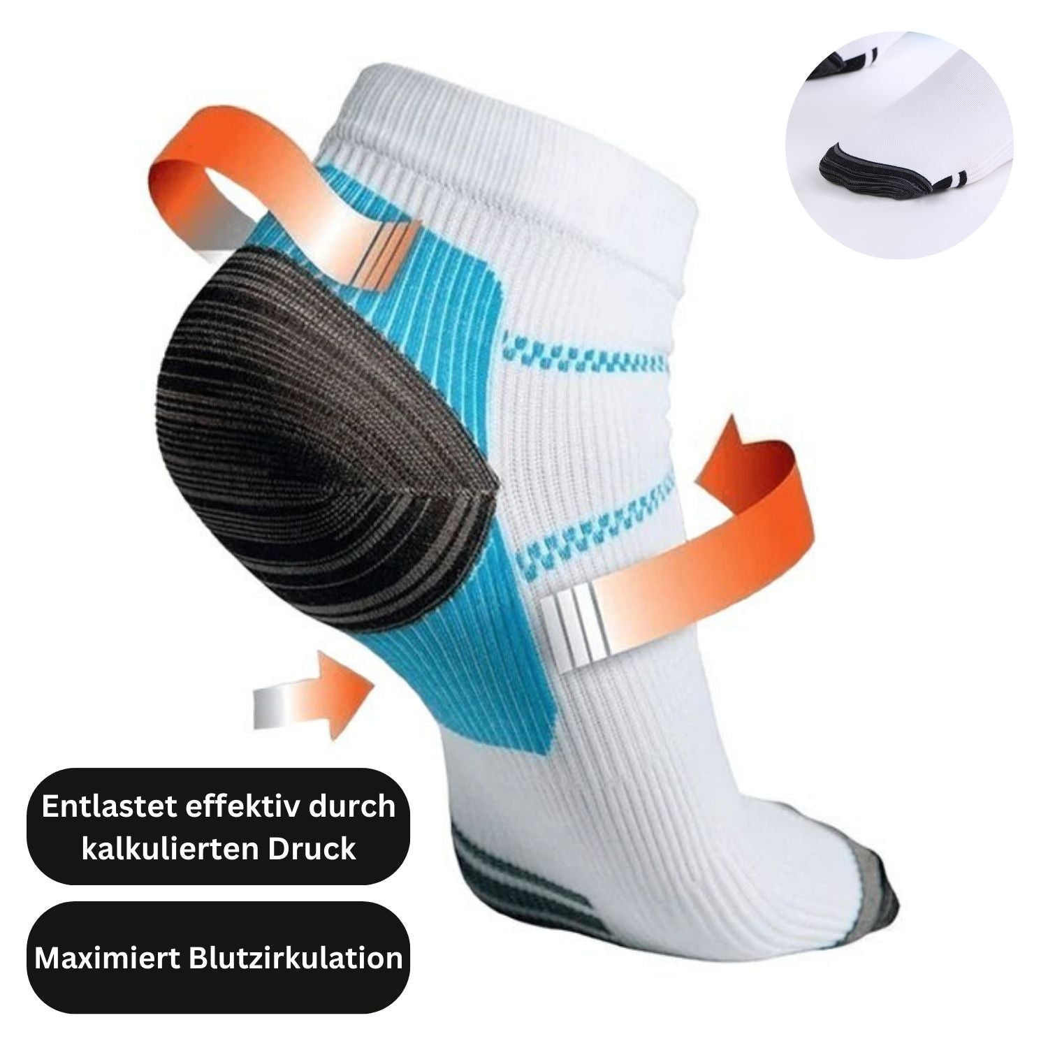 Eine Tieberg™️ Energiesocken - Kompressionssocken in weiß und blau ist auf einem Fuß mit orangefarbenen Pfeilen für Druckpunkte abgebildet. Der deutsche Text hebt hervor: "Entlastet effektiv durch kalkulierten Druck" und "Maximiert Blutzirkulation." Inset zeigt die Non-Slip Technologie.