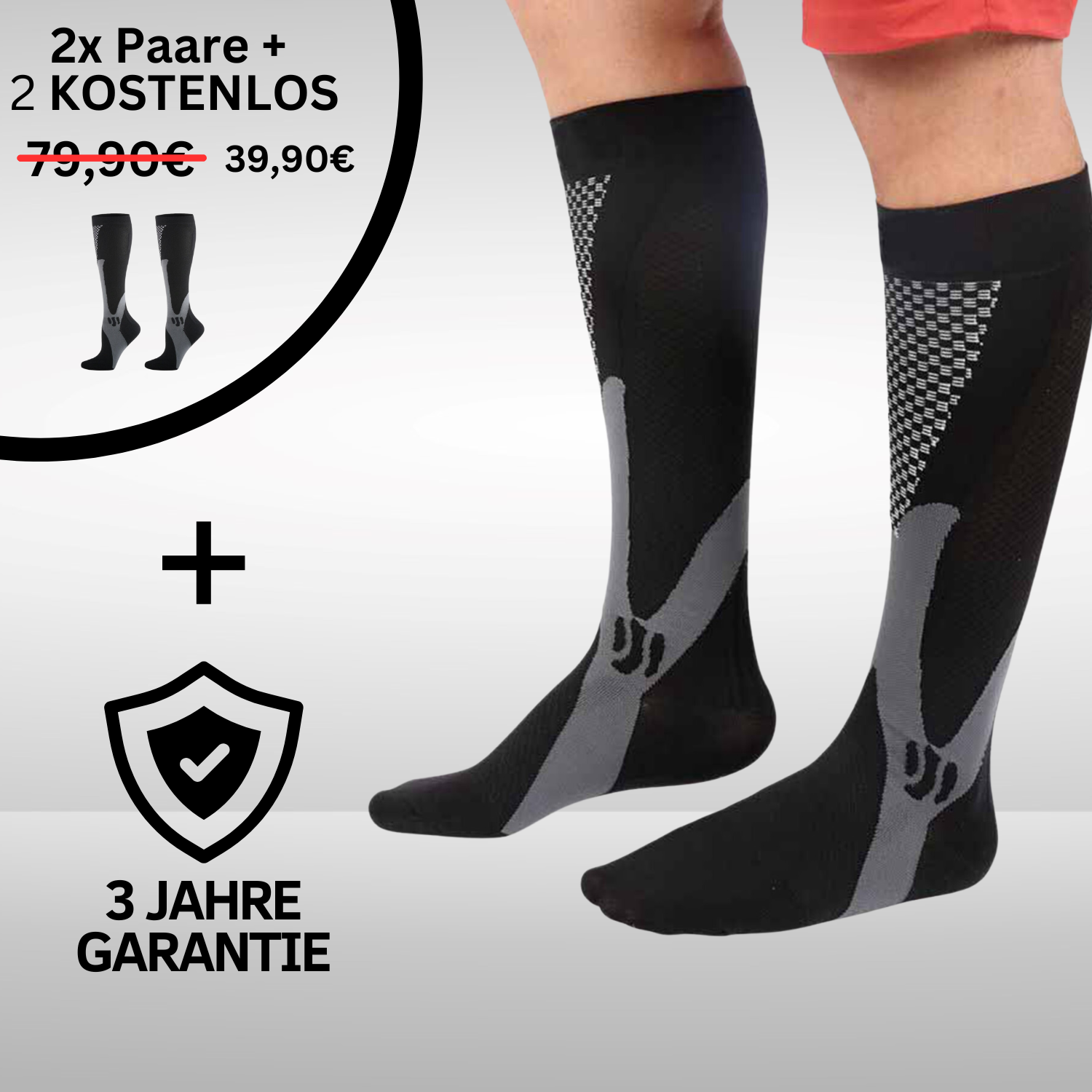 Eine Person trägt Tieberg™️ - Akupressur Kompressionsstrümpfe vor grauem Hintergrund. 2 Paar + 2 gratis, 3 Jahre Garantie, jetzt reduziert von 79,90 € auf 39,90 €.
