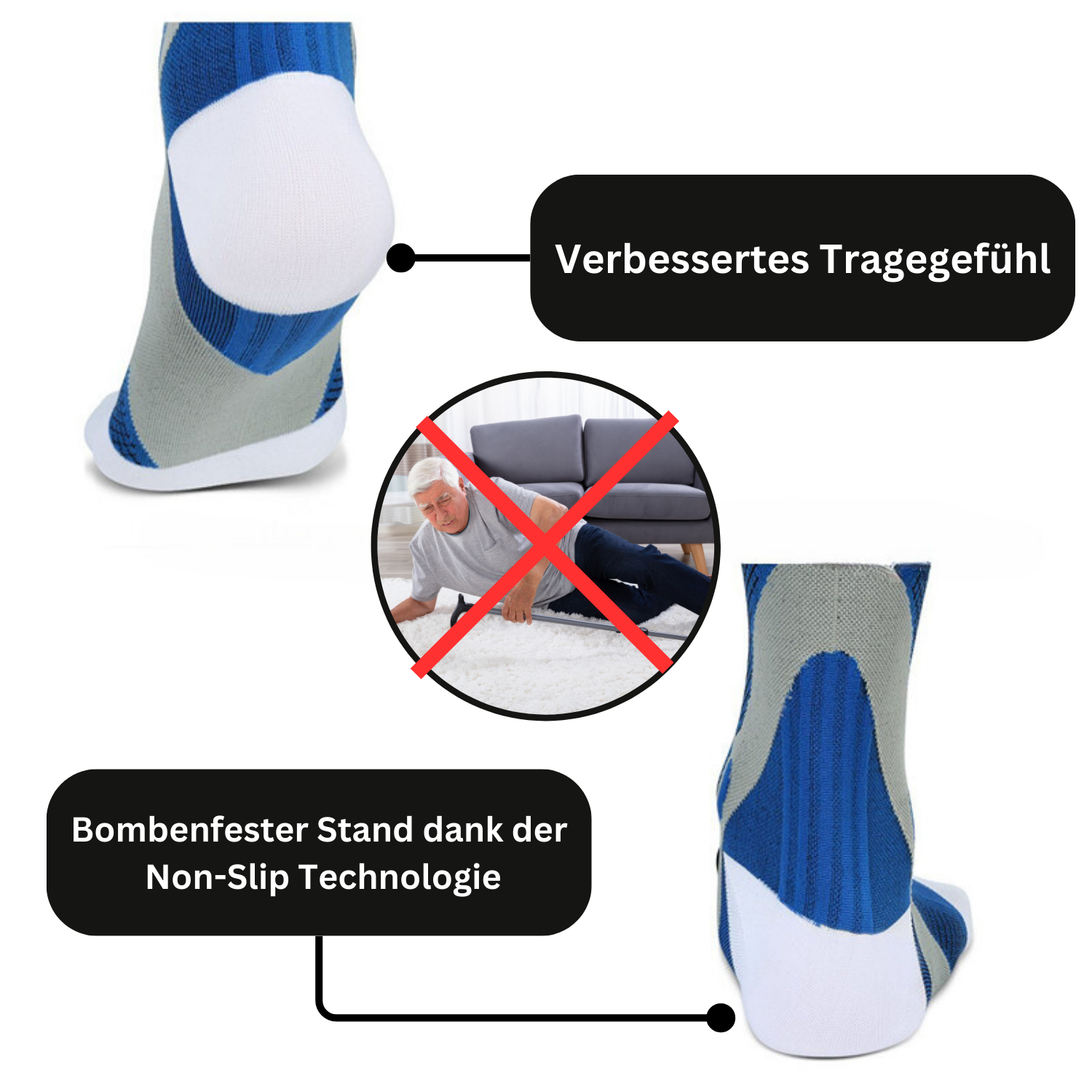 Tieberg™ - Akupressur Kompressionsstrümpfe von Tieberg™️ bieten rutschfeste Griffe für mehr Komfort und Stabilität. Ein durchgestrichenes Bild eines stürzenden Seniors betont die Sturzprävention. Text auf Deutsch.