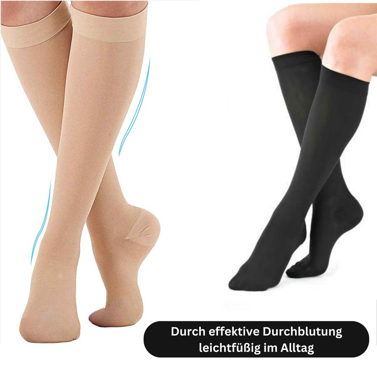 Zwei Paar Beine in Tieberg™ - OrthoSocks, ein beige und ein schwarz. Deutscher Text: Durch effektive Durchblutung leichtfüßig im Alltag - Tieberg™️ OrthoSocks fördern die Durchblutung und lindern Schmerzen im Alltag.