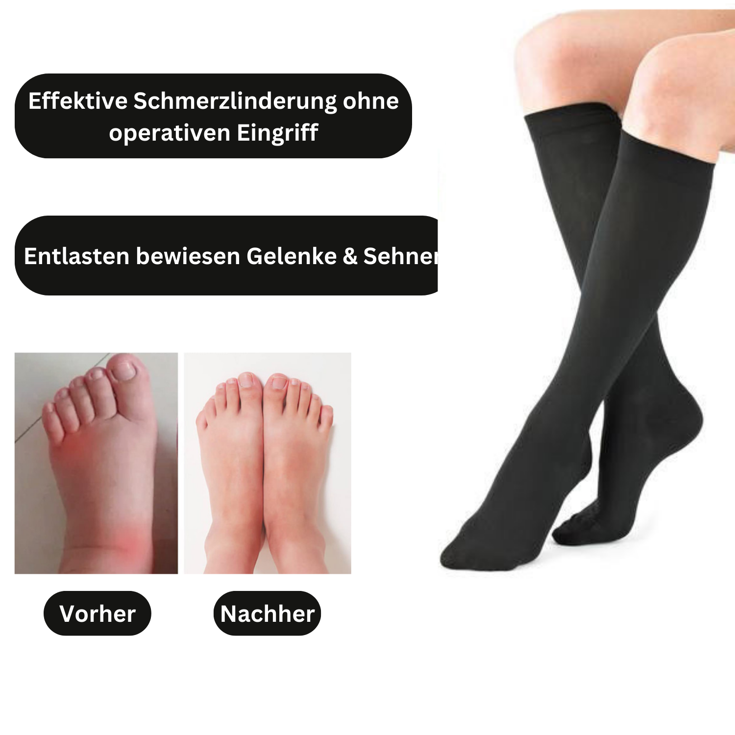 Ein Paar Beine mit schwarzen Tieberg™ - OrthoSocks. Oben, deutscher Text: "Effektive Schmerzlinderung ohne Eingriff. Entlastet Gelenke und Sehnen." Unten: Vorher-Nachher-Fotos der Füße zeigen, dass die Schwellungen sichtbar zurückgegangen sind. Marke: Tieberg™️.