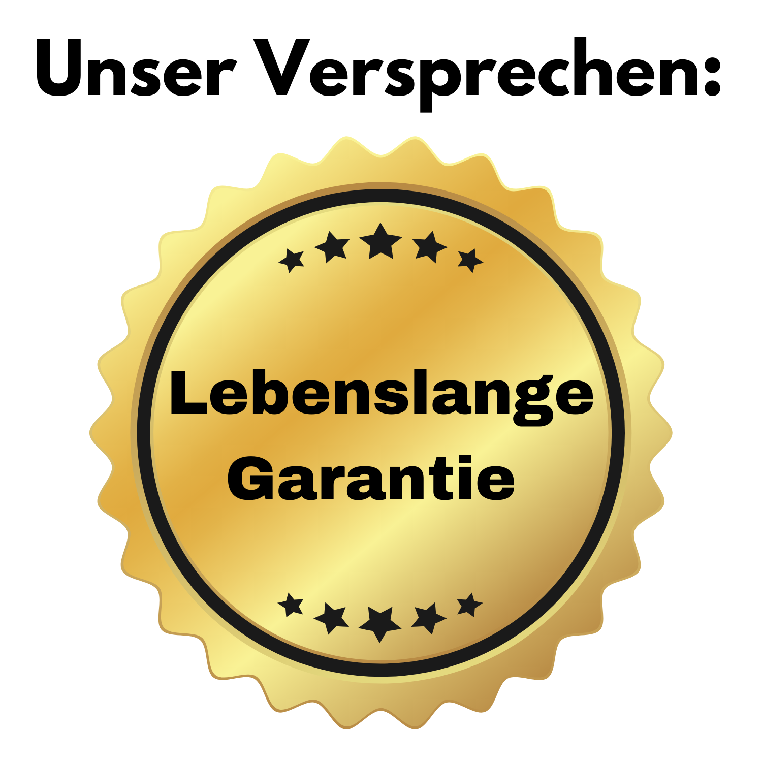 Ein goldenes Siegel mit schwarzen Sternen und dem deutschen Text "Lebenslange Garantie für deine Bestellung" vom Tieberg erscheint unter der fetten schwarzen Überschrift "Unser Versprechen:".