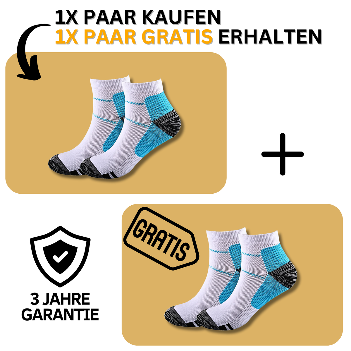 Eine Werbegrafik zeigt zwei Paar Tieberg™️ Energiesocken - Kompressionssocken in Weiß, Blau und Schwarz. Text: 1x Paar kaufen, 1x Paar gratis, 3 Jahre Garantie & GRATIS. Außerdem erscheinen ein Pluszeichen und ein Schildsymbol.