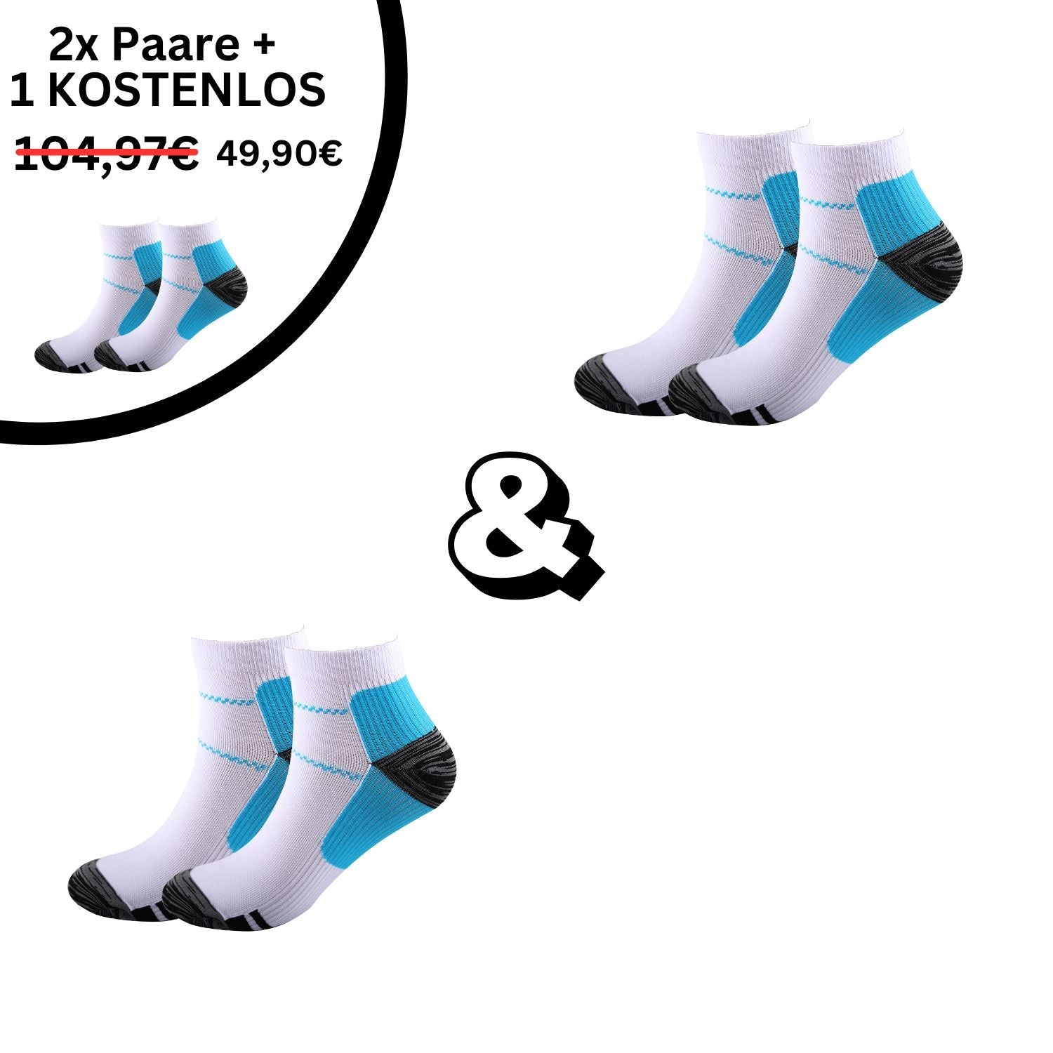 Abgebildet sind drei Paar Tieberg™️ Energiesocken - Kompressionssocken in weiß und blau mit schwarzen Zehen/Absätzen, ausgestattet mit Non-Slip Technologie. Deutscher Text: 2 Paare + 1 gratis für 49,90 € (statt 104,97 €). Ampersand-Symbol zwischen den Socken.