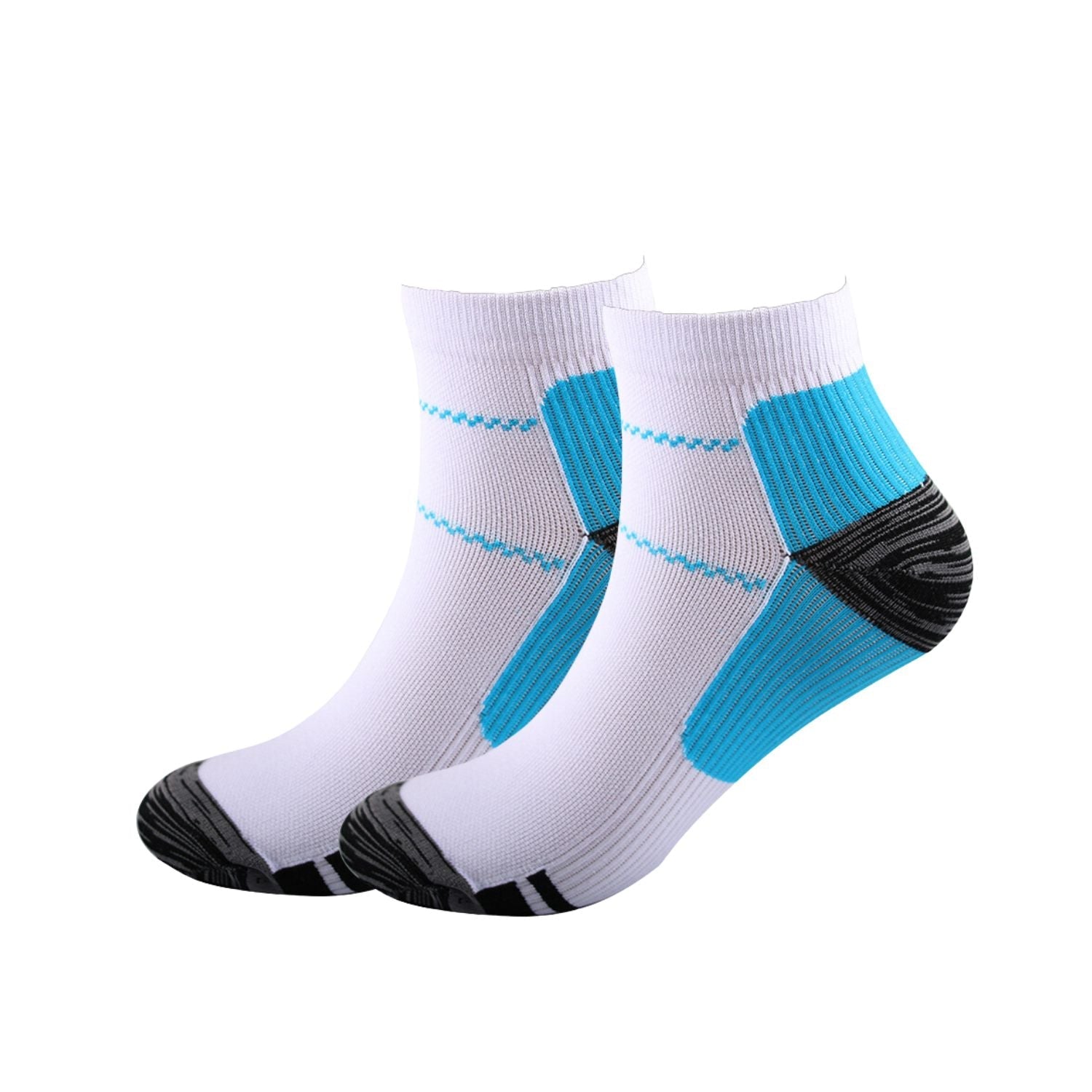 Die Tieberg™️ Energiesocken Kompressionssocken sind weiße Knöchelsocken mit blauen Akzenten und schwarz-grauen Zehen- und Fersenmustern, mit innovativer Non-Slip Technologie für verbesserten Halt.