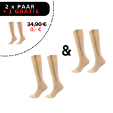 Drei Paar Tieberg™️ Orthozip - Orthopädische Kompressionsstrümpfe mit Reißverschluss in Beige werden gezeigt. Text: "2 x Paar + 1 Gratis". Der Originalpreis von 34,90 € ist durchgestrichen und auf "0,- €" ersetzt. 20-30 mmHg Kompression.