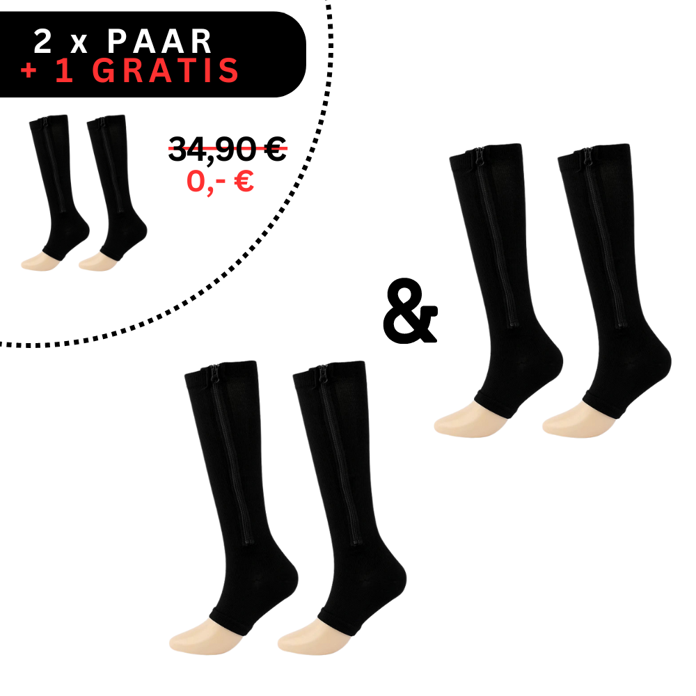 Holen Sie sich 3 Paar Tieberg™️ ZipperSocks - Kompressionsstrümpfe mit Reißverschluss (schwarz mit beigen Zehen); 2 Paar haben Reißverschlüsse. Aktion: 2 x PAAR + 1 GRATIS, statt 34,90 € jetzt nur 0 €.