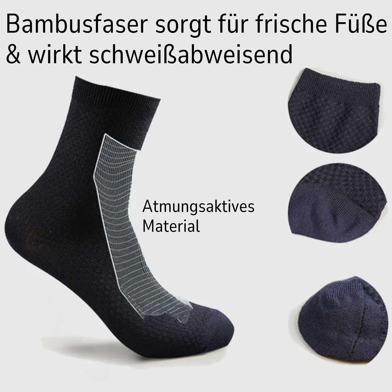 Gezeigt wird eine schwarze Tieberg™ Bambus Socke von Tieberg, die ihren atmungsaktiven Bambusstoff hervorhebt. Drei Nahaufnahmen zeigen die Textur. Deutscher Text: Bambusfaser hält Füße frisch, wirkt schweißabweisend und bietet antibakterielle Wirkung.
