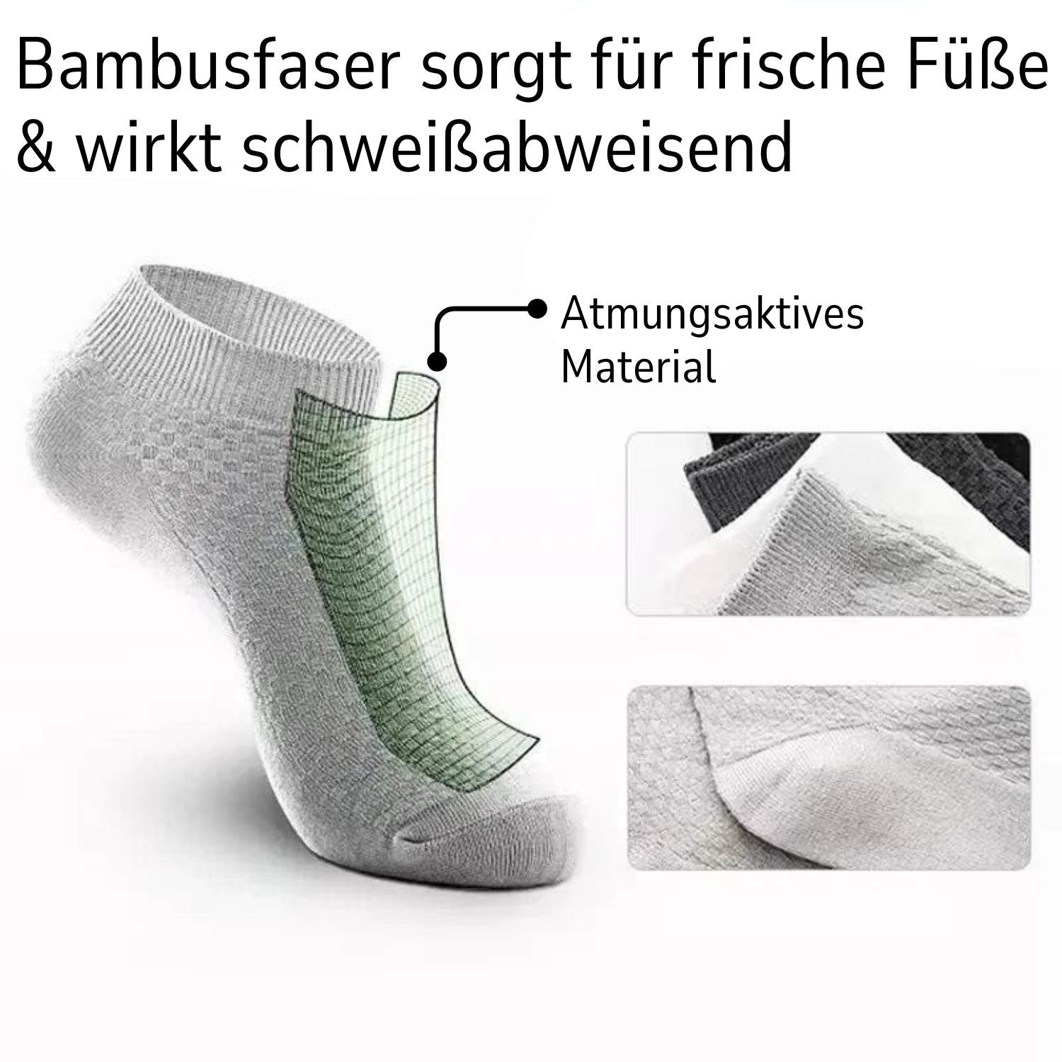 Abgebildet ist eine graue Tieberg™ Bambus Socke (Kurz) mit einem Ausschnitt, der grünes Gewebe mit der Aufschrift 