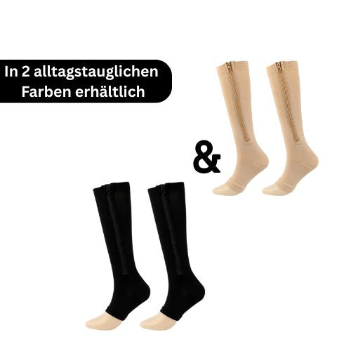 Zwei Paar Tieberg™️ ZipperSocks Kompressionsstrümpfe mit Reißverschluss, je eins in Schwarz und Beige. Auf Deutsch: In 2 alltagstauglichen Farben erhältlich (Available in 2 everyday colors).