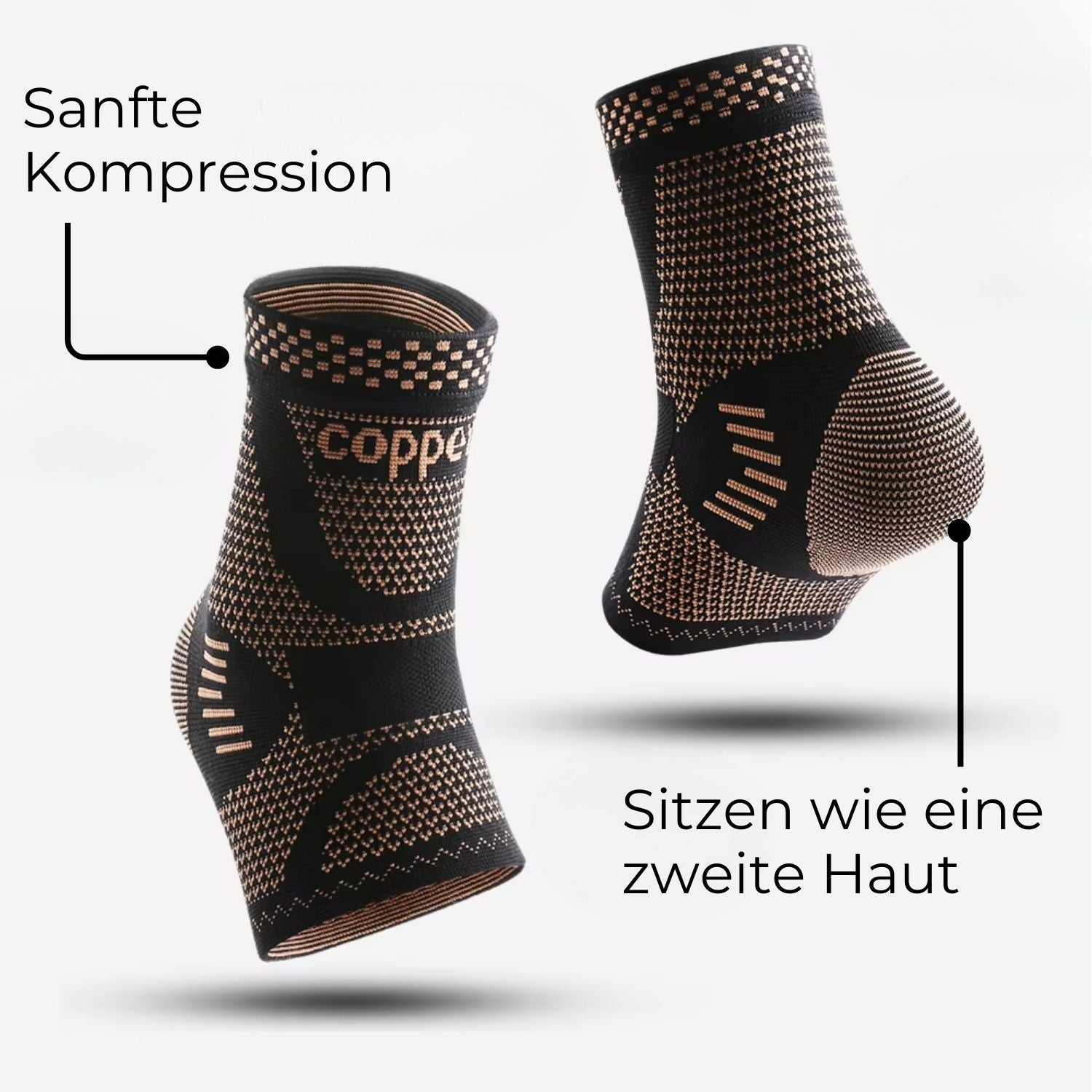 Zwei Tieberg© Kupfer-Kompressionssocken in Schwarz/Kupfer werden vor hellem Hintergrund gezeigt. Deutsche Texte: Sanfte Kompression und Sitzen wie eine zweite Haut. Mit Tieberg Käuferschutz.