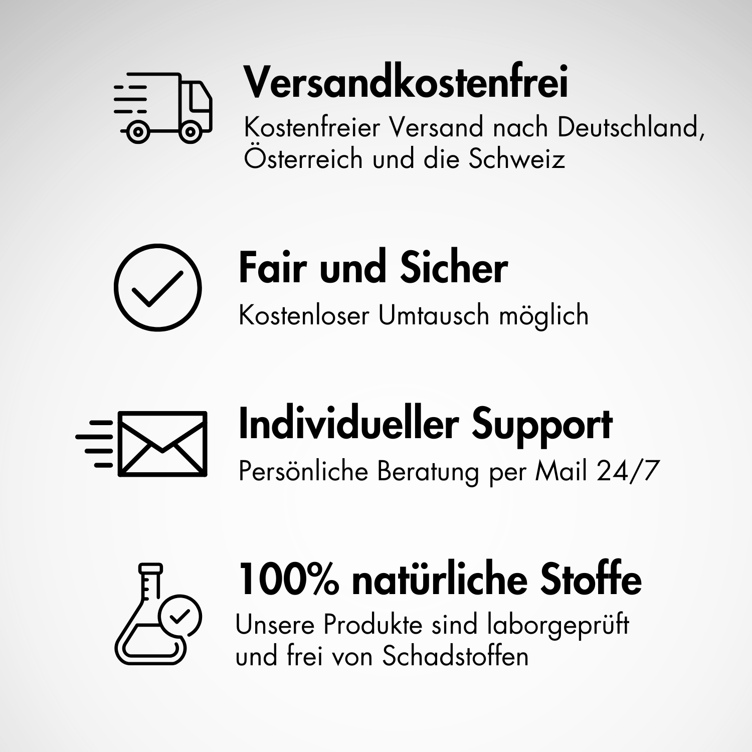 Infografik mit vier Symbolen und Text: Versandkostenfrei, Fair & sicher (kostenloser Umtausch), Individueller Support (persönliche Beratung per Mail) und 100% natürliche Stoffe mit hohem Tragekomfort durch Lycra in Tieberg™️ Kompressionssocken.