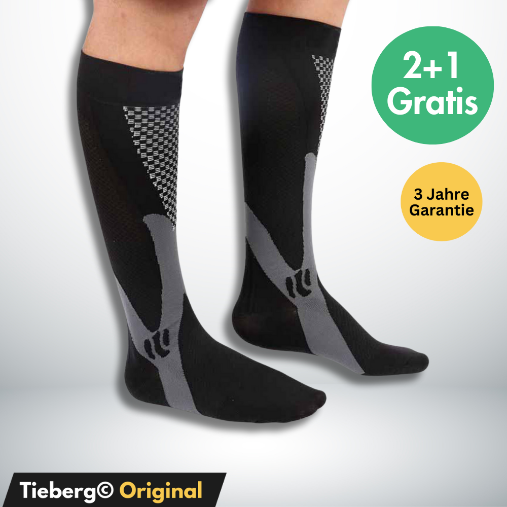 Ein Paar schwarz-graue Tieberg™️ - Spezial Kompressionsstrümpfe, kniehohe Lycra-Socken. Mit 2+1 Gratis und 3 Jahre Garantie. Marke: Tieberg™️.