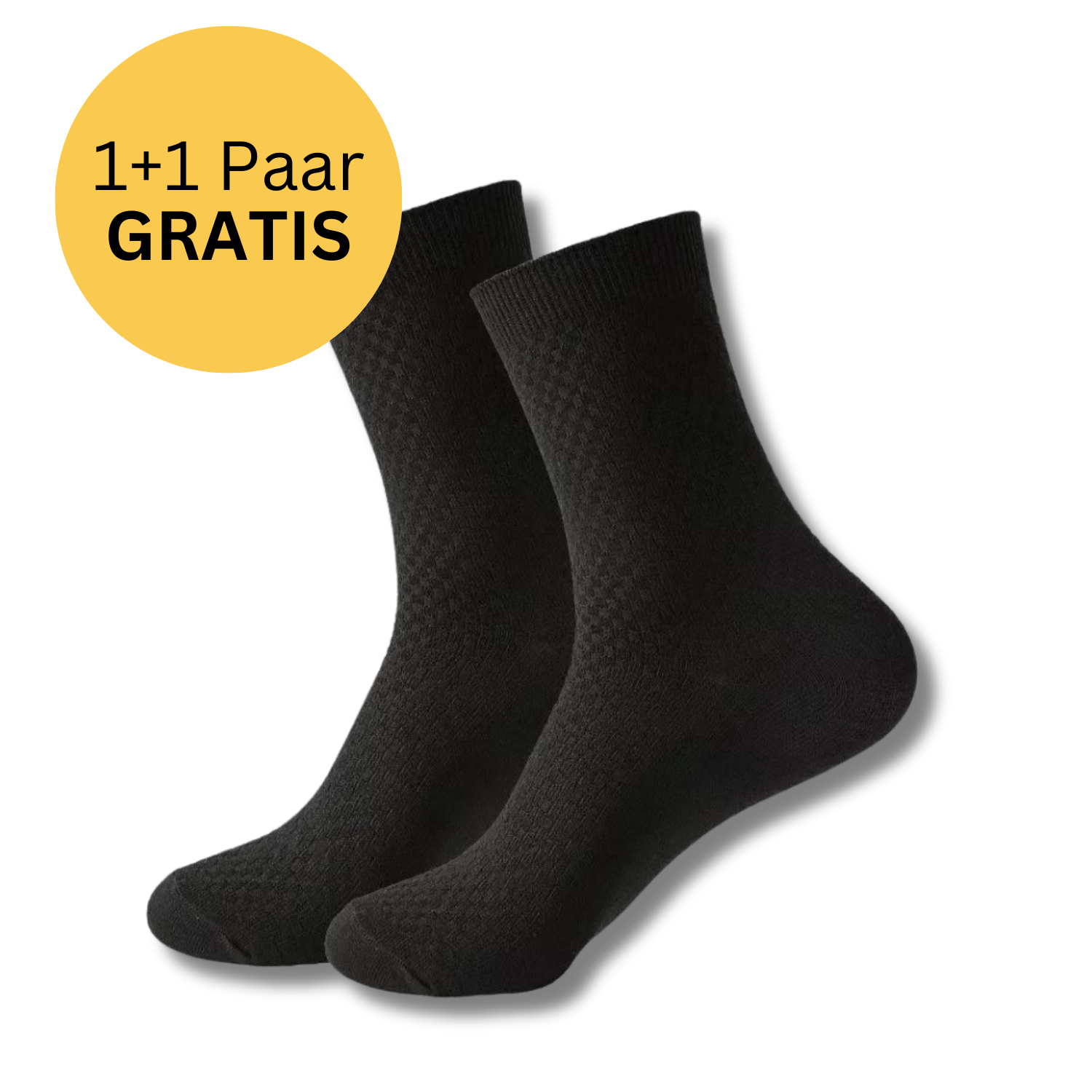 Ein Paar schwarze Tieberg™ Bambus Socken auf weißem Grund mit einem gelben 