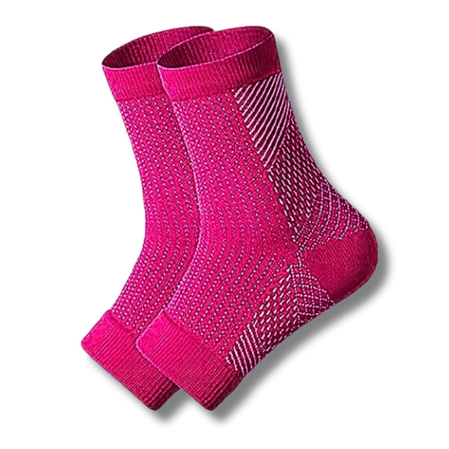 Ein Paar Tieberg™️ Kompressionssocken in leuchtendem Pink mit strukturiertem Punktmuster und weißen Akzentlinien, die zusätzlichen Halt bieten. Auf weißem Hintergrund abgebildet.