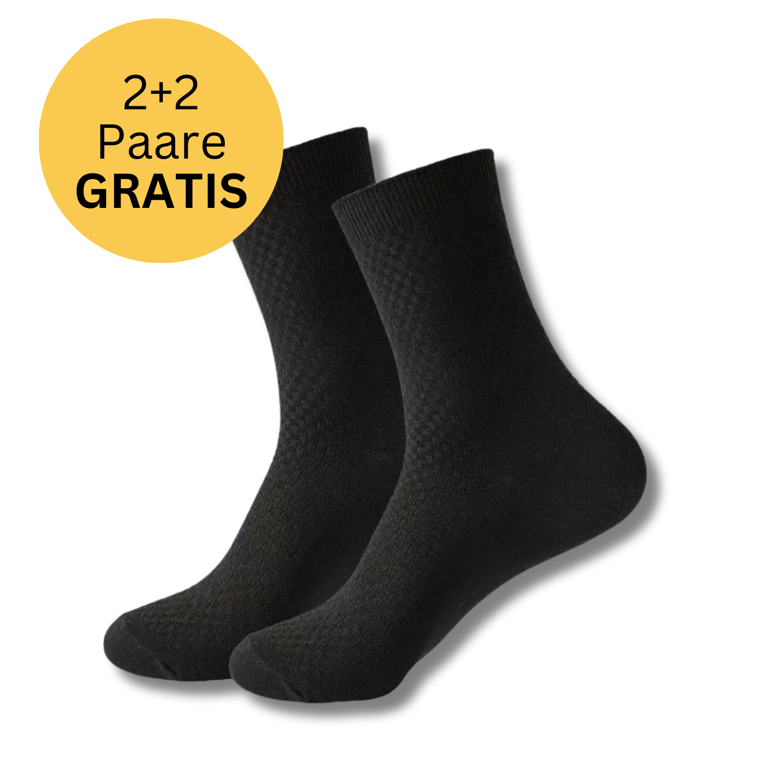 Ein Paar schlichte schwarze Tieberg™ Bambus Socken auf weißem Hintergrund. Ein gelber Kreis in der Ecke zeigt 