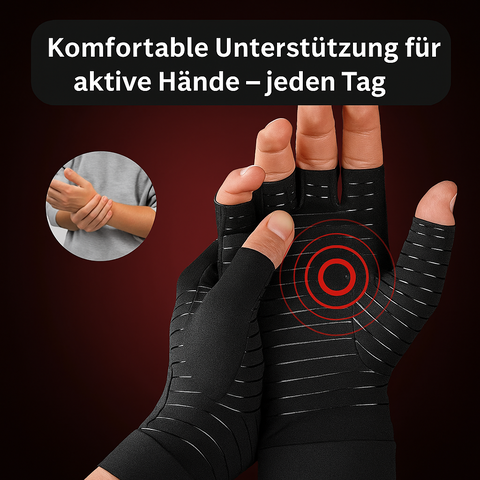 Eine Person trägt Tieberg© Wellness-Kompressionshandschuhe in schwarz mit roter Knöchelgrafik. Ein Einsatz zeigt eine Person, die ihr Handgelenk hält. Deutscher Text: Komfortable Unterstützung und Kälteschutz für aktive Hände - jeden Tag.