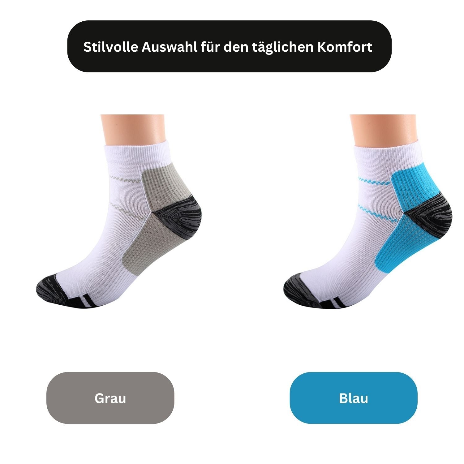Zwei Paar Tieberg™️ Energiesocken-Kompressionssocken werden auf Mannequin-Füßen präsentiert: eins in Weiß-Grau-Schwarz, das andere in Weiß-Blau-Schwarz. Stilvolle Auswahl von Tieberg™️ für täglichen Komfort mit Non-Slip Technologie.