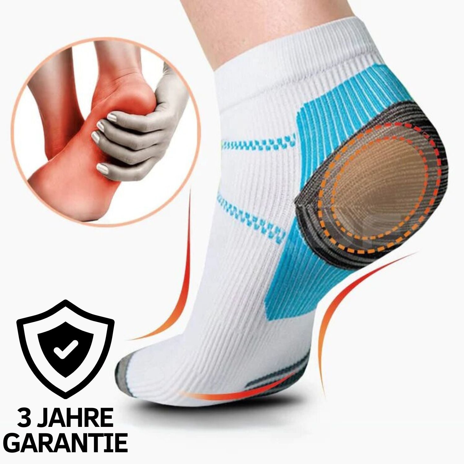 Eine Person trägt Tieberg | Energie Socken Kompressionssocken von Tieberg™️ in Weiß-Blau mit ergonomischer Passform, Fokus auf Fersenhalt. Inset: Hand hält schmerzenden roten Fuß. Text: 3 JAHRE GARANTIE mit Schild- und Häkchen-Symbol.