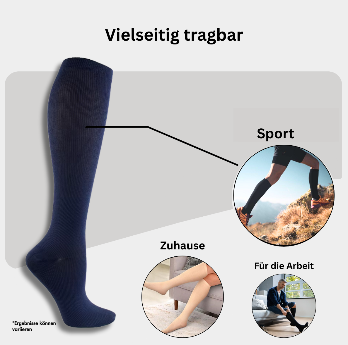 Eine marineblaue Kniestrumpfsocke, Tieberg™️ Vitalsocks - Spürbarer Tragekomfort, ist mit Pfeilen zu drei deutsch beschrifteten Verwendungszwecken versehen: Sport (Laufen im Freien), Zuhause (Entspannen auf der Couch), Arbeit (Bürokleidung). Der Text ist auf Deutsch.