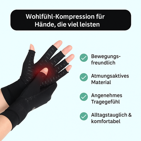 Zwei Hände tragen Tieberg© Wellness-Kompressionshandschuhe. Ein roter Bereich markiert die Handfläche. Der Text betont Kälteschutz, atmungsaktives, flexibles Material und hohen Tragekomfort - ideal für das tägliche Wohlbefinden.